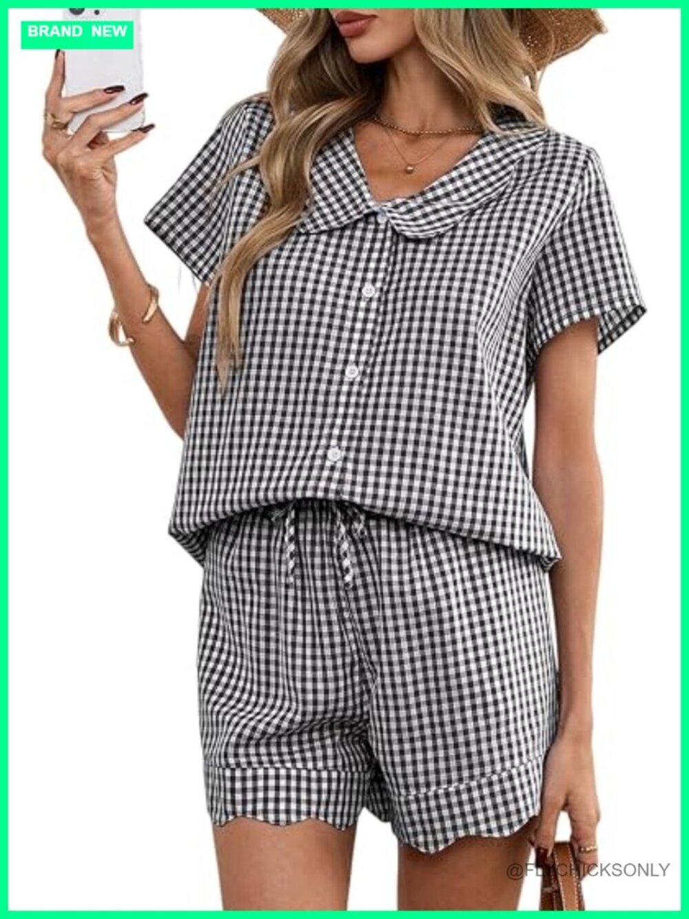 Gingham Pajama Set - Scalloped Collar 2 Piece Shirt & Shorts Lounge Outfit